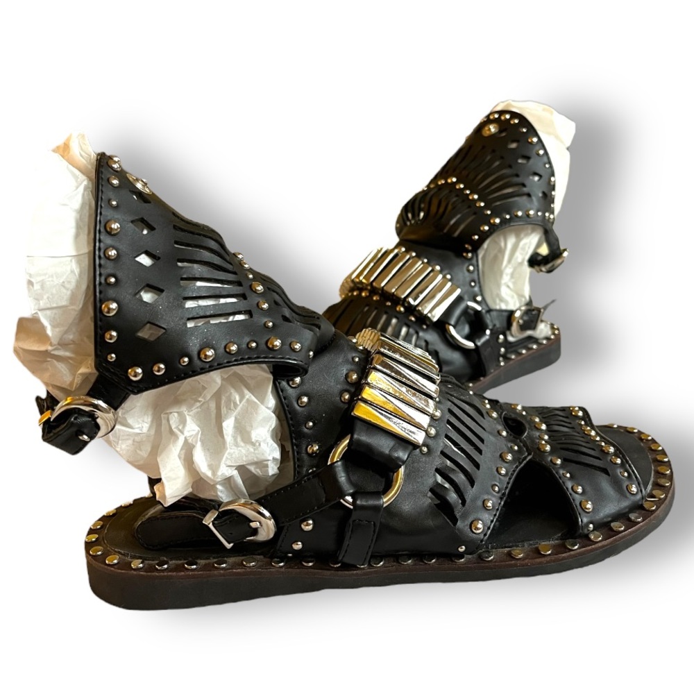 Jeffrey Campbell Black Leather Silver Studded Gladiator Sandals